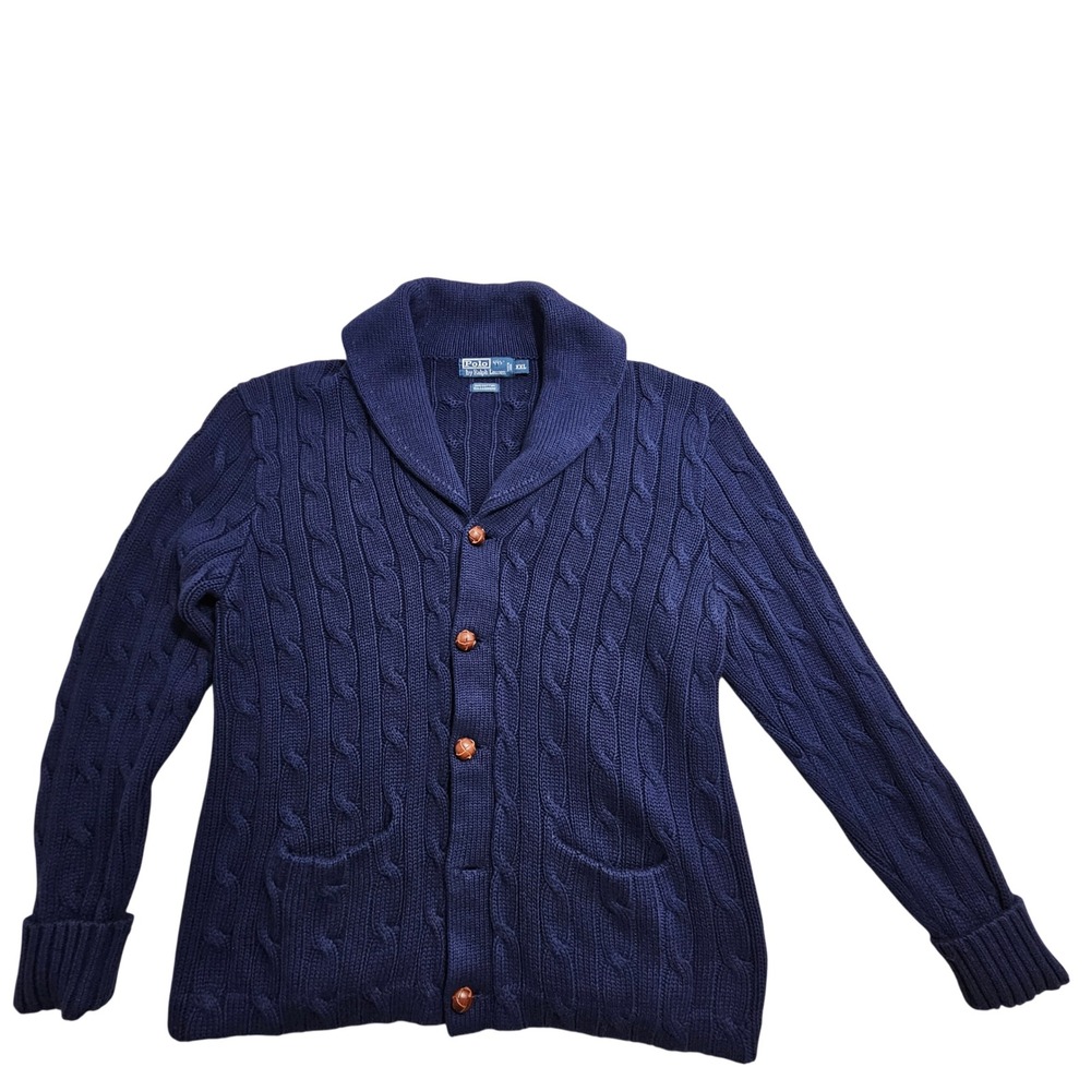 Polo Ralph Lauren Vintage Cardigan XXL Navy Pocket Cotton Cashmere Cable Knit *